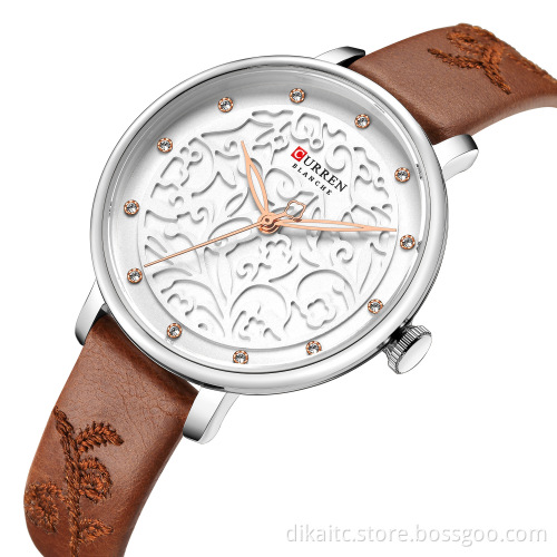 CURREN 9046 New Trendy Women Watch with Rhinestone Well-made Chinese Brand Quartz Watch Leather Strap Fashion Wristwatch
